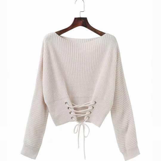 Damen Pullover mit tiefem Rückenausschnitt und dekorativen Schnürdetails R&B