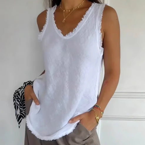Damen nan lässiges Leinenoptik-Tanktop mit ausgefranstem Saum U-Ausschnitt und lockerer Hüftlänge R&B
