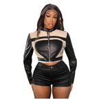 Damen cropped Kunstlederjacke mit sportlichen Zierdetails R&B