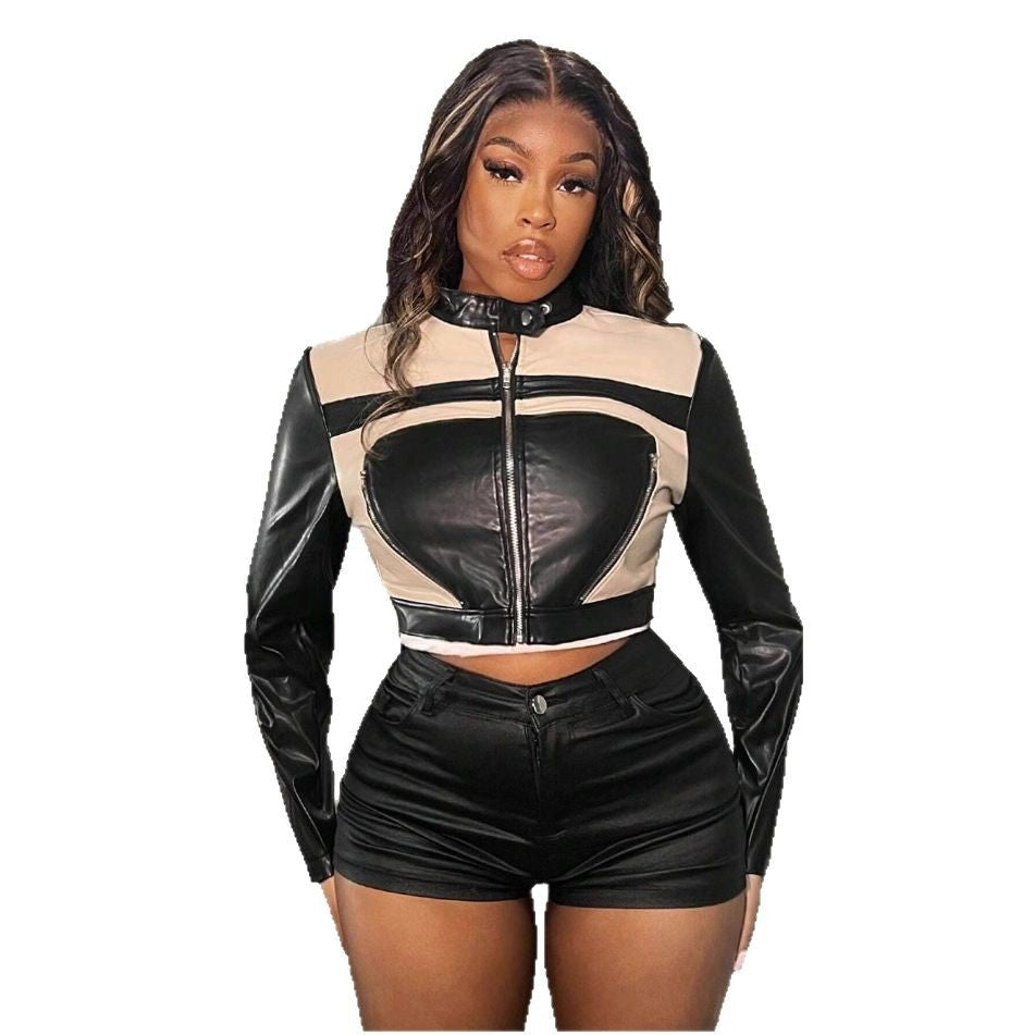 Damen cropped Kunstlederjacke mit sportlichen Zierdetails R&B