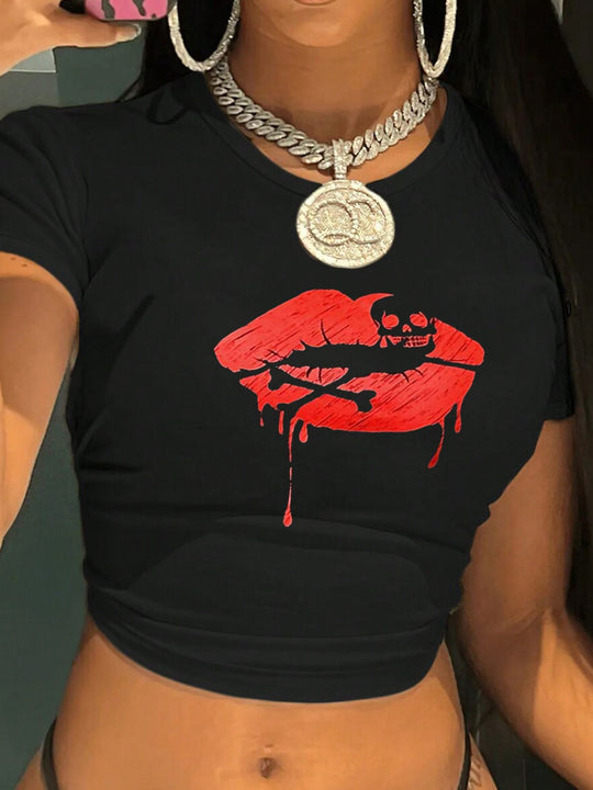 Damen Crop-T-Shirt mit kreativem Lippenmotiv und figurbetontem Schnitt R&B