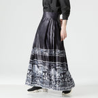 Damen nan Maxi-Rock mit breitem Taillenbund ornamentaler Bordüre und plissierten Falten R&B