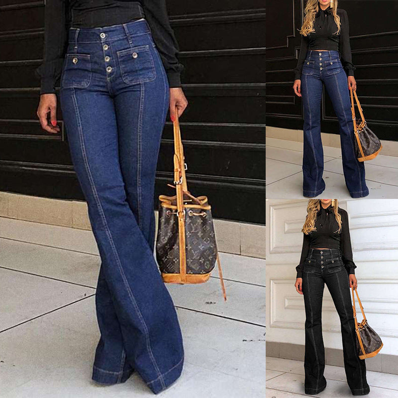 Damen Bootcut Jeans mit hohen Taillen und modischen Knopfdetails R&B