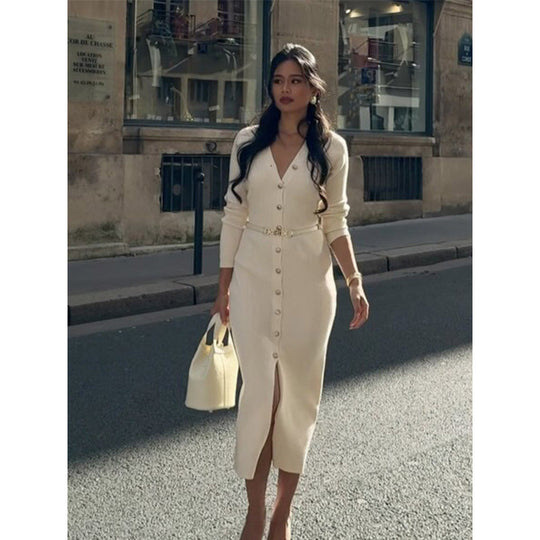 Damen Strickkleid mit Knopfleiste und schicker Gürteldetail R&B
