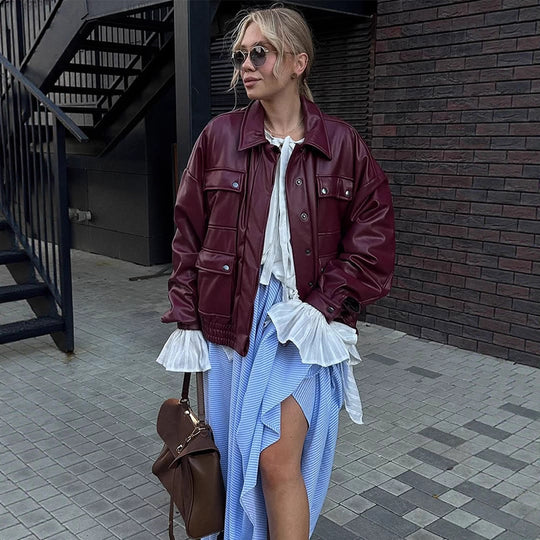 Damen oversized Kunstlederjacke mit funktionalen Taschen und elastischem Bund R&B