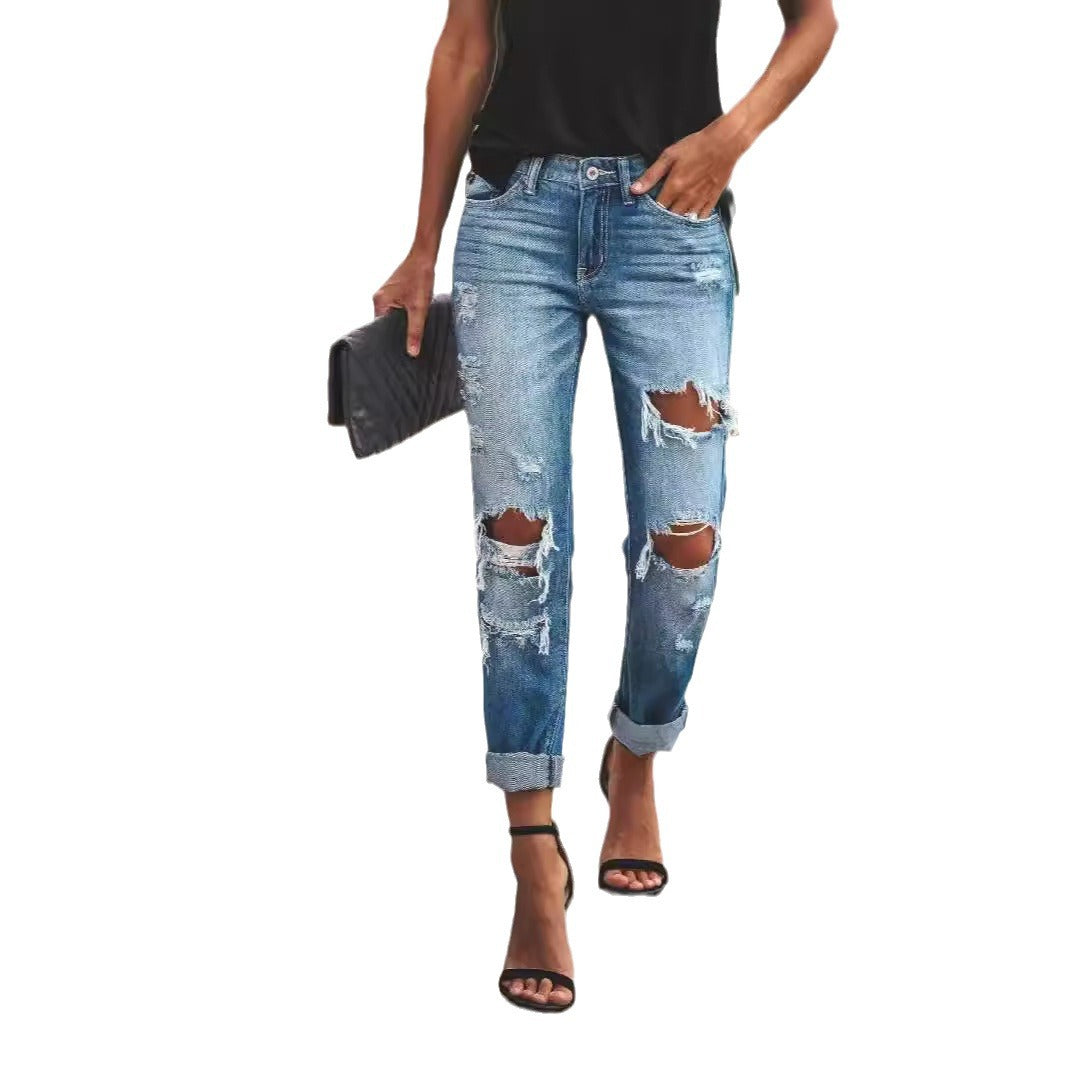 Damen Destroyed Boyfriend Jeans im lässigen Stil mit hohen Rissdetails R&B