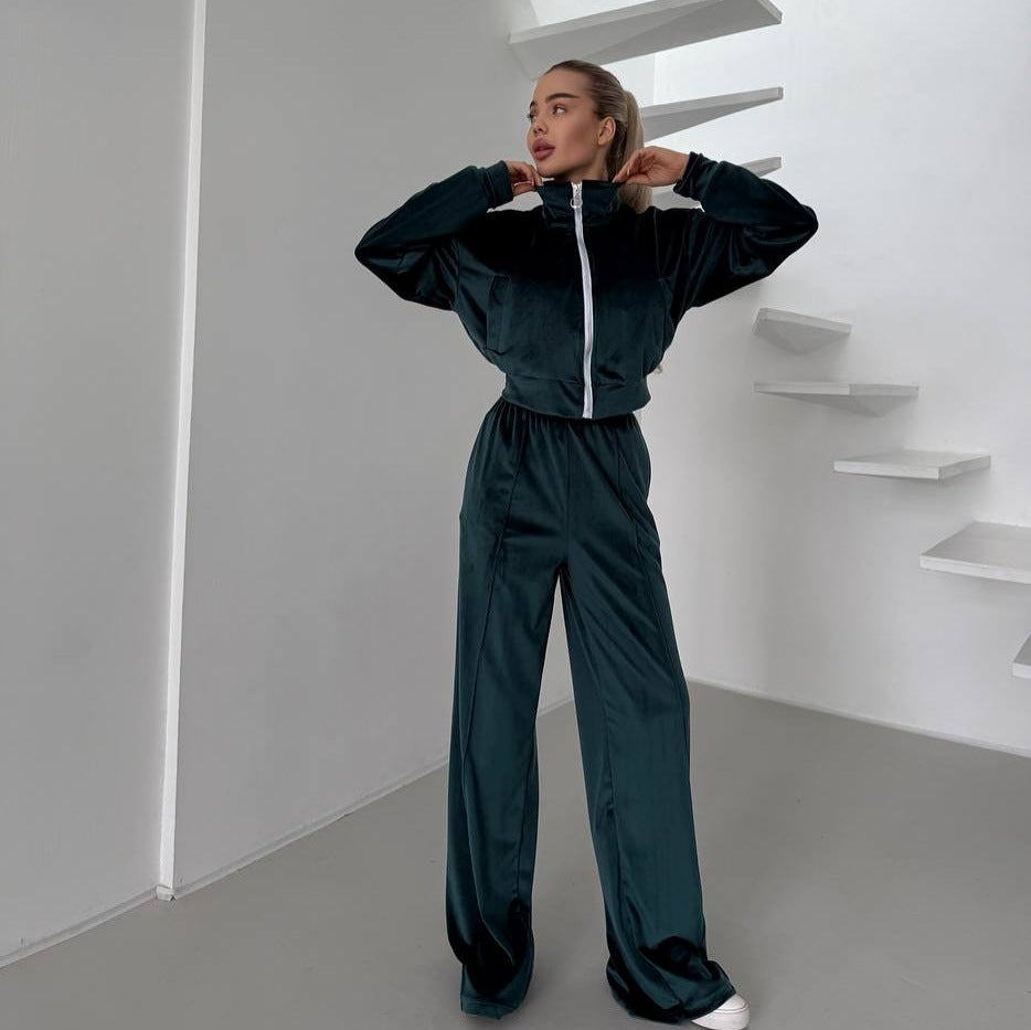 Damen sportlicher Fleece-Jogginganzug mit gestochenem Reißverschluss und weichem Innenfutter R&B
