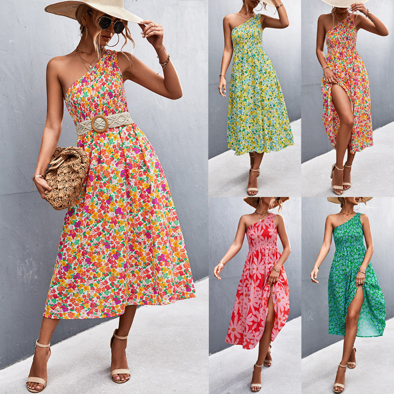Damen Maxikleid mit asymmetrischem Trägerdesign und floralem Allover-Muster R&B