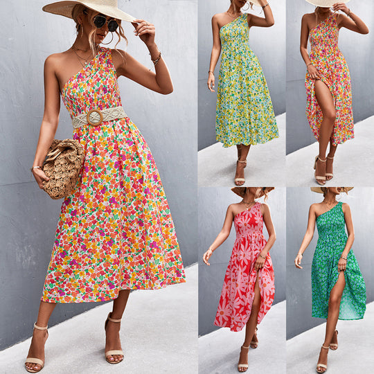 Damen Maxikleid mit asymmetrischem Trägerdesign und floralem Allover-Muster R&B