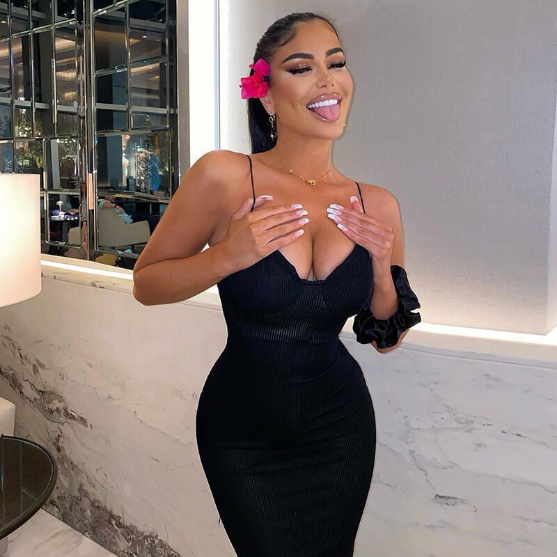Damen figurbetontes Midi-Kleid mit Spaghettiträgern und Raffungen