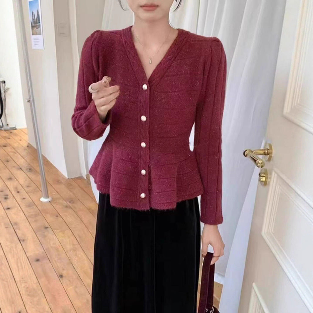 Damen elegante Strickjacke mit strukturiertem Design und femininen Puffärmeln R&B