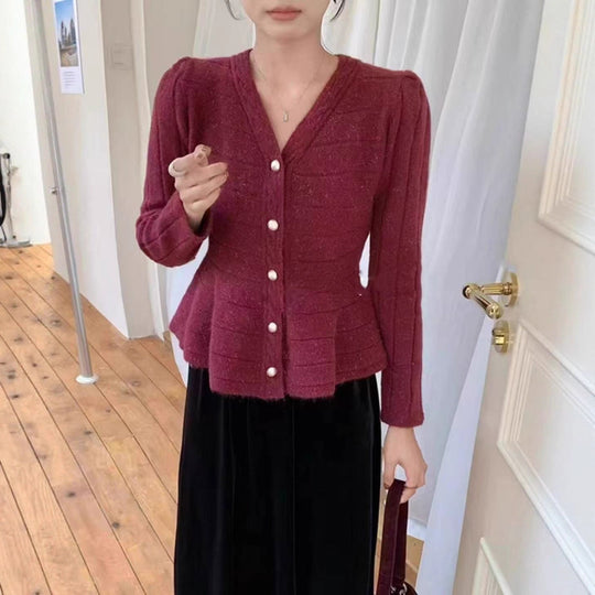 Damen elegante Strickjacke mit strukturiertem Design und femininen Puffärmeln R&B