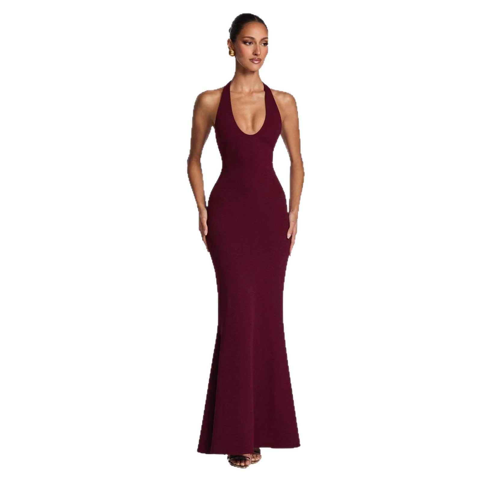Damen Elegantes Bodenkleid mit tiefem V-Ausschnitt und figurbetontem Design EB
