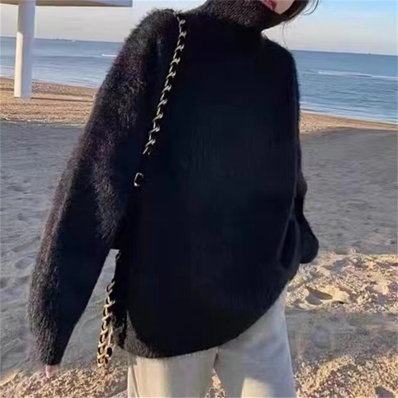 Damen Flauschiger Pullover mit Lockere Passform und Hohem Kragen R&B