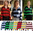 Damen nan gestreifter Rugby-Pullover mit Polokragen, V‑Ausschnitt und verlängerten Rippbündchen R&B