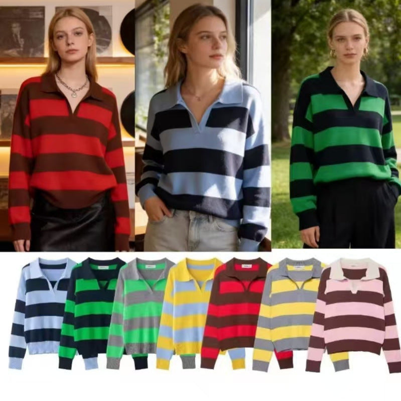 Damen nan gestreifter Rugby-Pullover mit Polokragen, V‑Ausschnitt und verlängerten Rippbündchen R&B