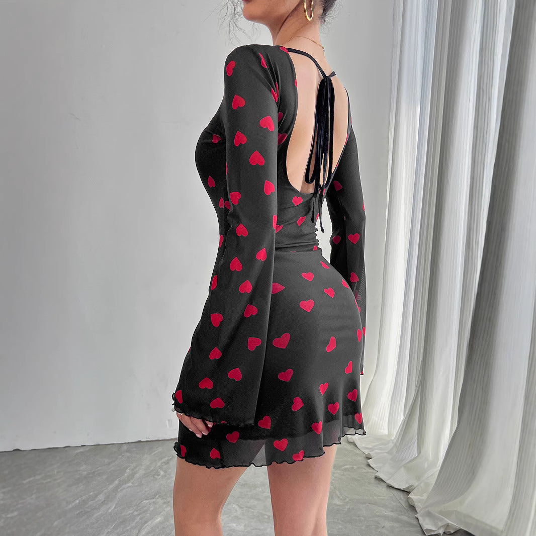 Damen nan figurbetontes Mini-Kleid aus feinem Netzstoff mit Herzmuster und Trompetenärmeln R&B