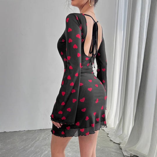 Damen nan figurbetontes Mini-Kleid aus feinem Netzstoff mit Herzmuster und Trompetenärmeln R&B