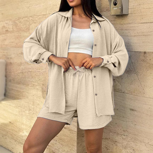 Damen lässiges Kurzarm-Set mit geknöpfter Bluse und bequemen Shorts R&B