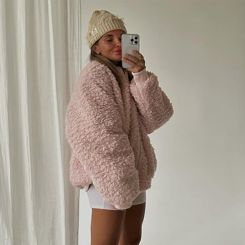 Damen gemütliche Teddyjacke mit hohem Kragen R&B