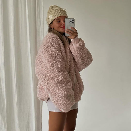 Damen gemütliche Teddyjacke mit hohem Kragen R&B
