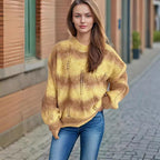 Damen lässiger Strickpullover mit modernem Lochmuster und voluminösen Ärmeln R&B