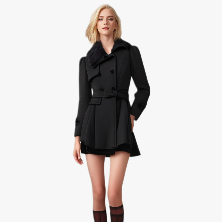 Damen eleganter Trenchcoat mit abnehmbarem Fellkragen und Taillengürtel R&B