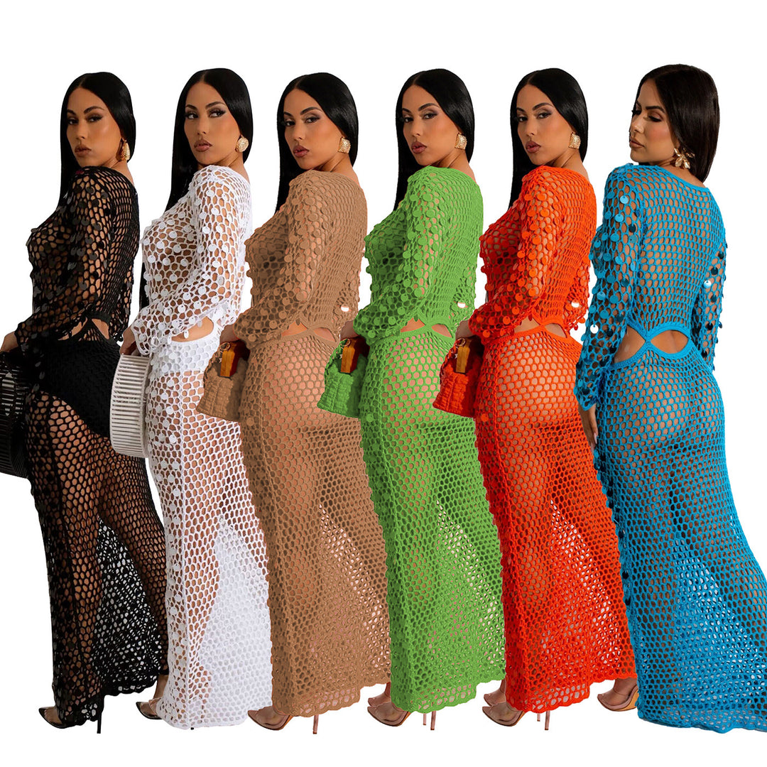 Damen Maxi-Kleid aus transparentem Häkelmaterial mit Cut-Out-Details R&B