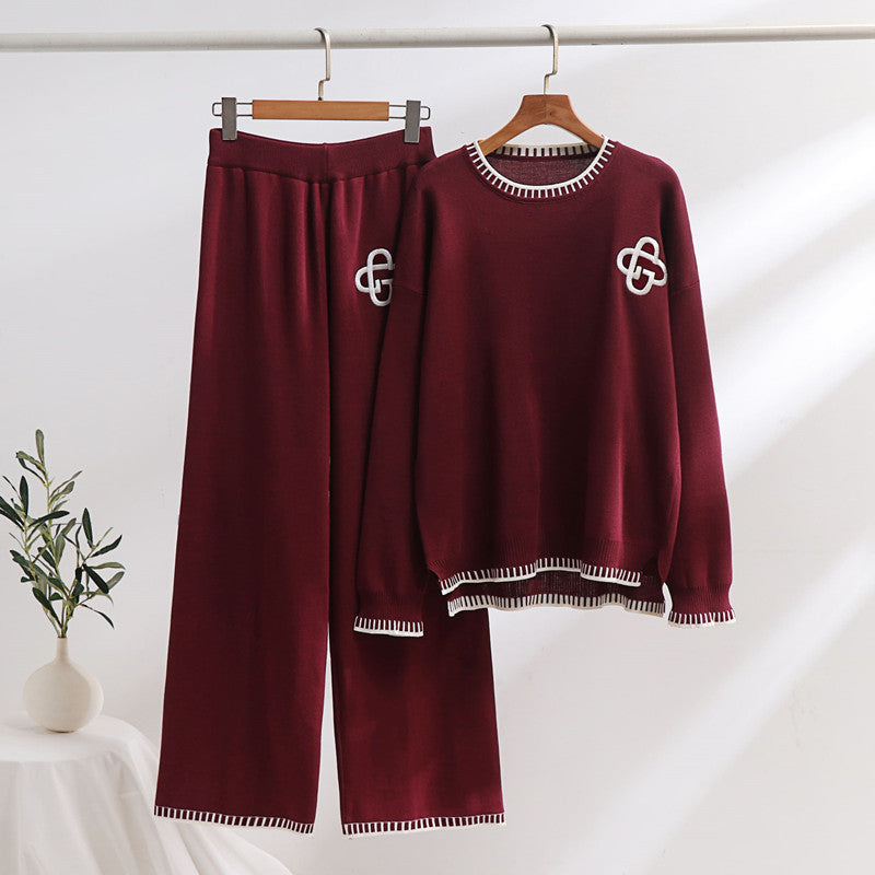 Damen lässiges Strick-Loungewear-Set mit dekorativen Kontrastdetails R&B
