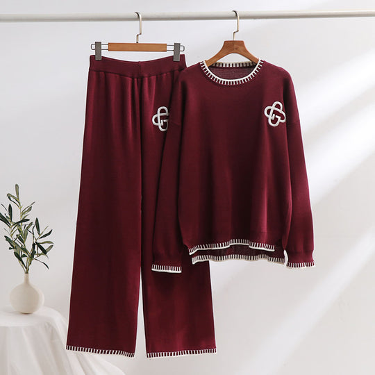 Damen lässiges Strick-Loungewear-Set mit dekorativen Kontrastdetails R&B