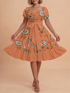 Damen Sommerkleid mit floralem Puffärmel und taillierbarem Gürtel EB