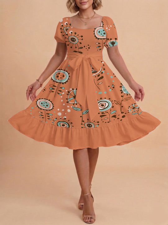 Damen Sommerkleid mit floralem Puffärmel und taillierbarem Gürtel R&B