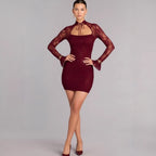 Damen Spitzen Minikleid mit hohem Kragen und schmalen Ärmeln R&B
