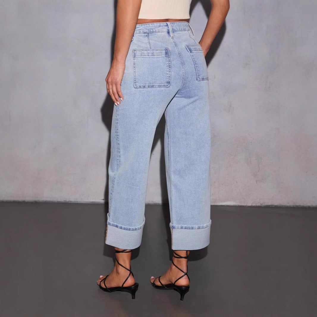 Damen Boyfriend Jeans mit lässigem Umschlagbund und hohen Taschen R&B