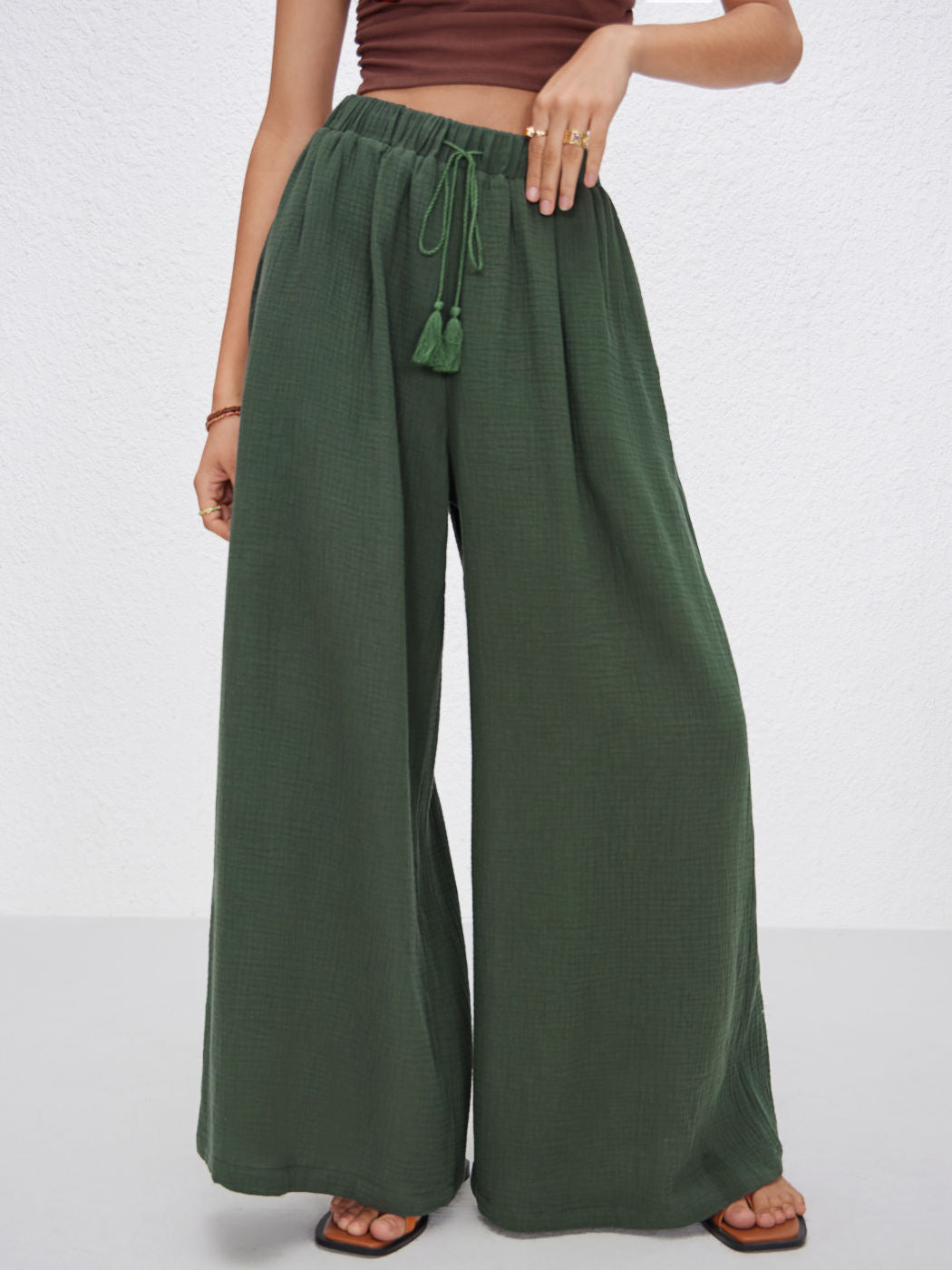 Damen weite Sommerhose im lässigen Boho-Stil mit elastischem Bund und seitlichen Taschen R&B