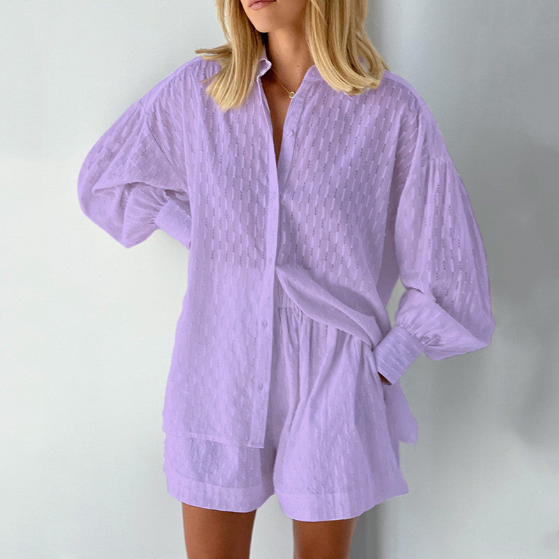 Damen lässiges Hemd-Shorts-Set mit elegantem Webmuster R&B