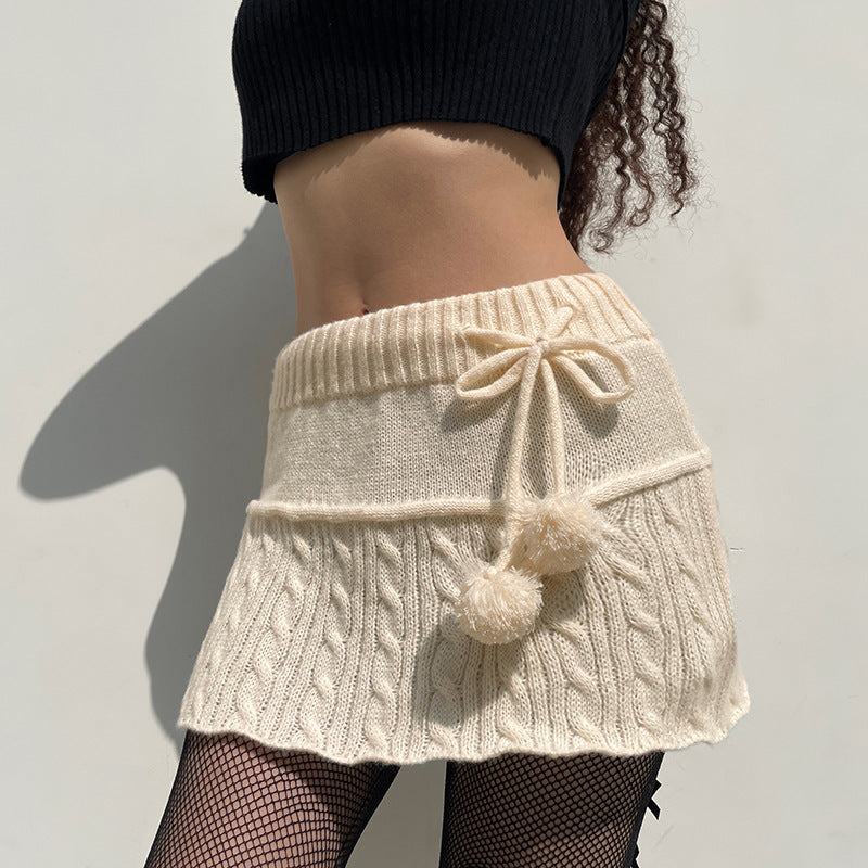 Damen gestrickter Minirock mit dekorativen Pompons und elastischem Bund R&B