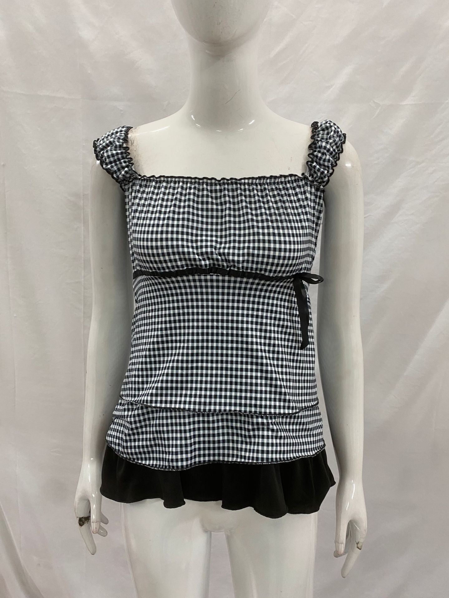 Damen Rüschenshirt mit Gingham-Muster und elastischen Trägern R&B