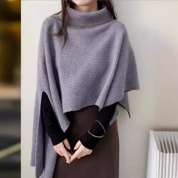 Damen Strickponcho mit hohem Kragen und asymmetrischem Schnitt R&B