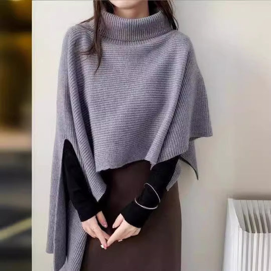 Damen Strickponcho mit hohem Kragen und asymmetrischem Schnitt R&B