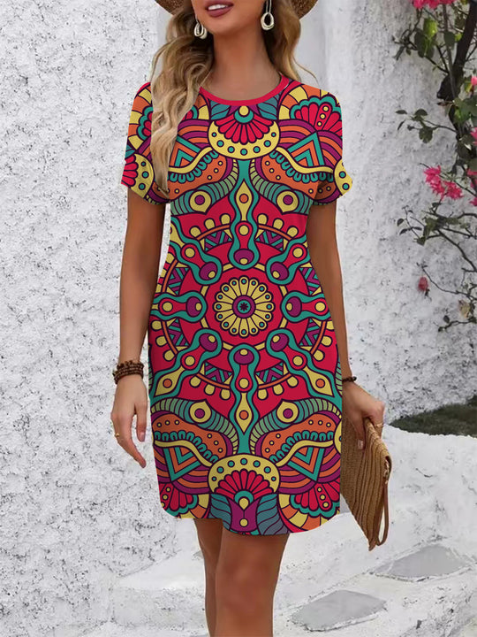 Damen farbenfrohes Mandala Kleid im lässigen Schnitt R&B