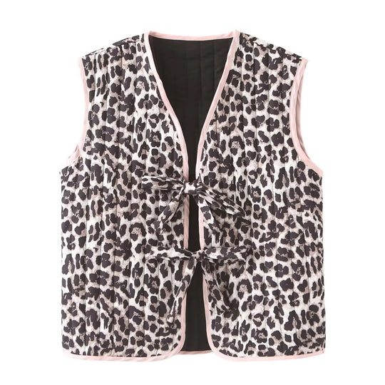 Damen gesteppte Weste mit Leopardenmuster und dekorativem Bindeband R&B