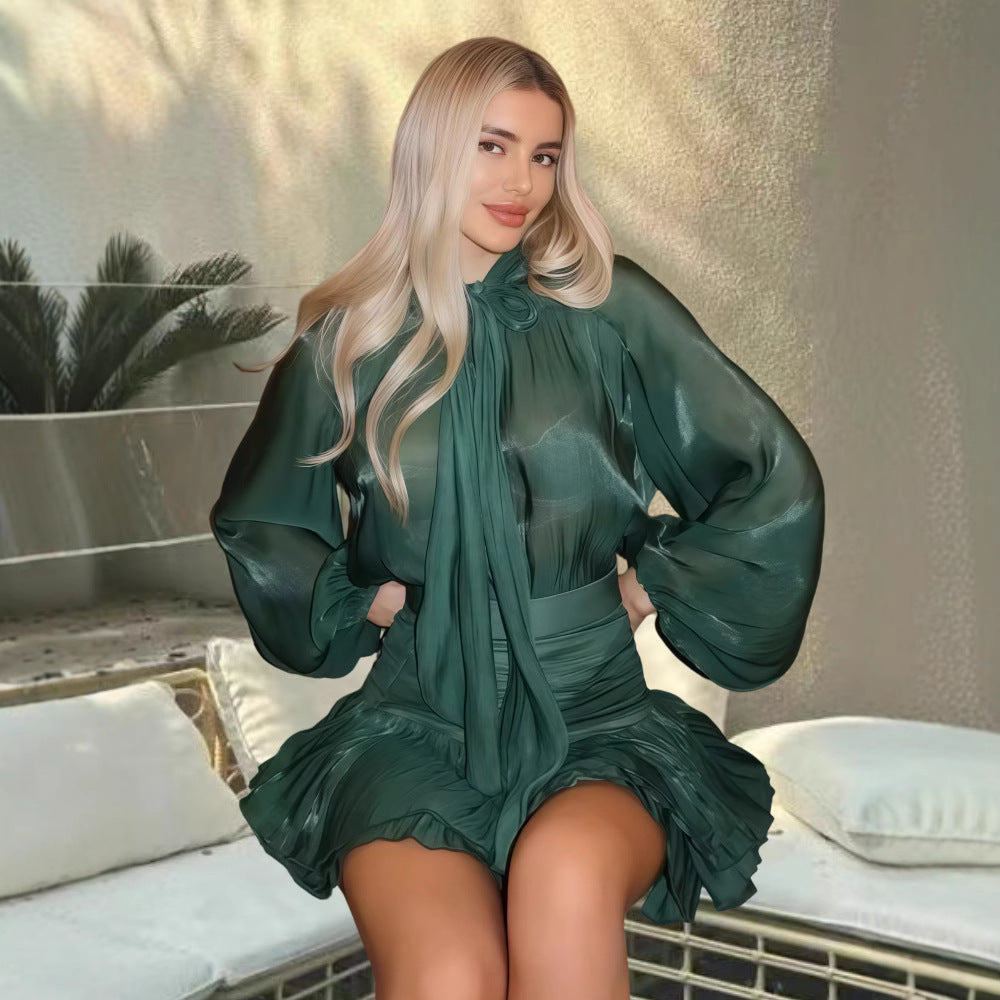 Damen Verspieltes Chiffon-Kleid mit schleifenverziertem Ausschnitt und weit geschnittenen Ärmeln R&B