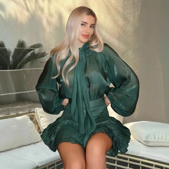 Damen Verspieltes Chiffon-Kleid mit schleifenverziertem Ausschnitt und weit geschnittenen Ärmeln R&B