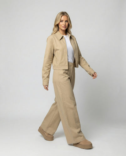 Damen kurze Blousonjacke und extraweite Palazzohose aus Baumwolltwill R&B