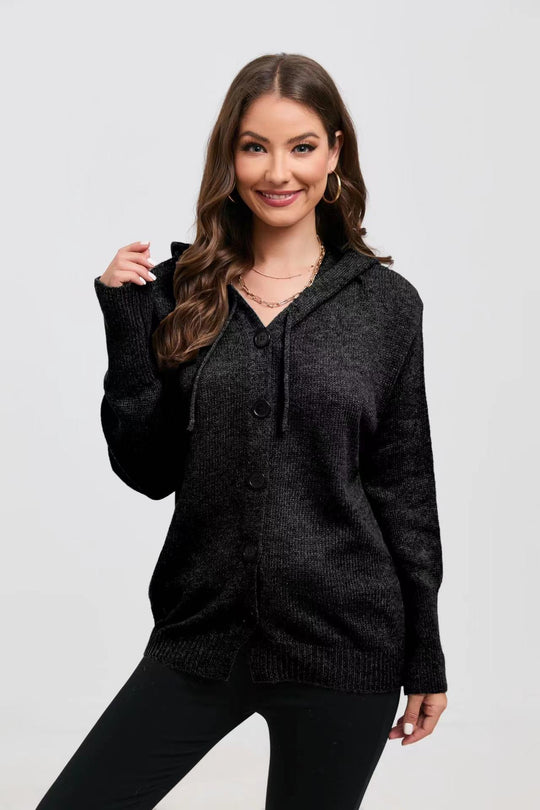 Damen lässige Strickjacke mit Kapuze und Knopfverschluss R&B