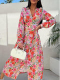 Damen Maxi-Kleid mit floralen Musterdetails und elegantem V-Ausschnitt R&B