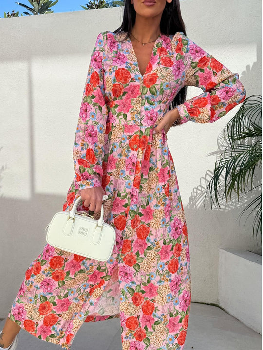 Damen Maxi-Kleid mit floralen Musterdetails und elegantem V-Ausschnitt R&B