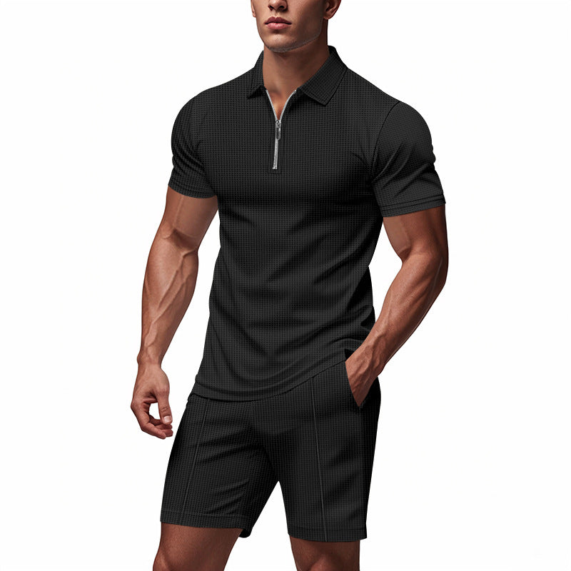 Herren Sportliches Kurzarm-Set mit teils strukturiertem Design und durchgehendem Reißverschluss R&B