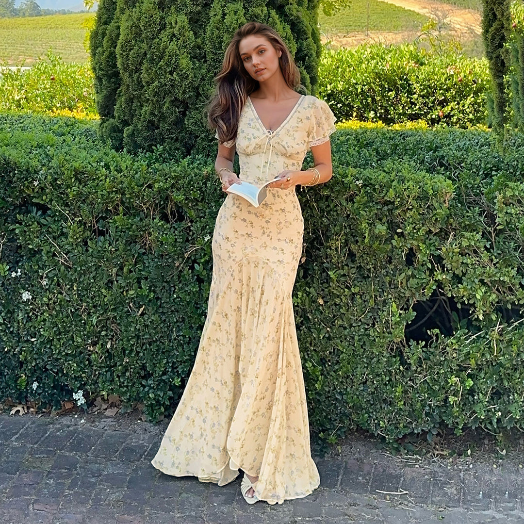 Damen Maxikleid mit zauberhaftem Blumenmuster und eleganter Rüschendetail R&B